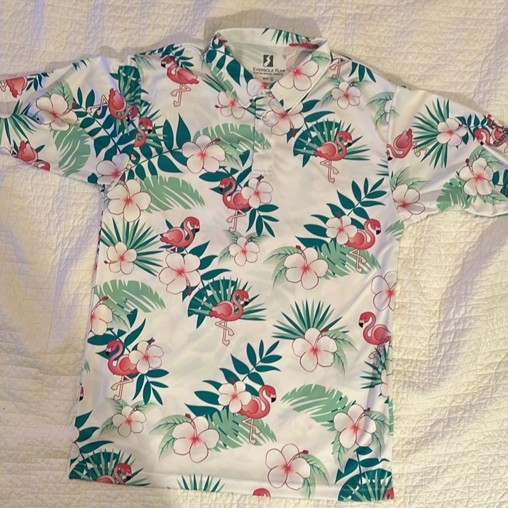 NWOT Eversole Run NWT Men's Performance Golf Polo - Flamingo Floral - Picture 2 of 6